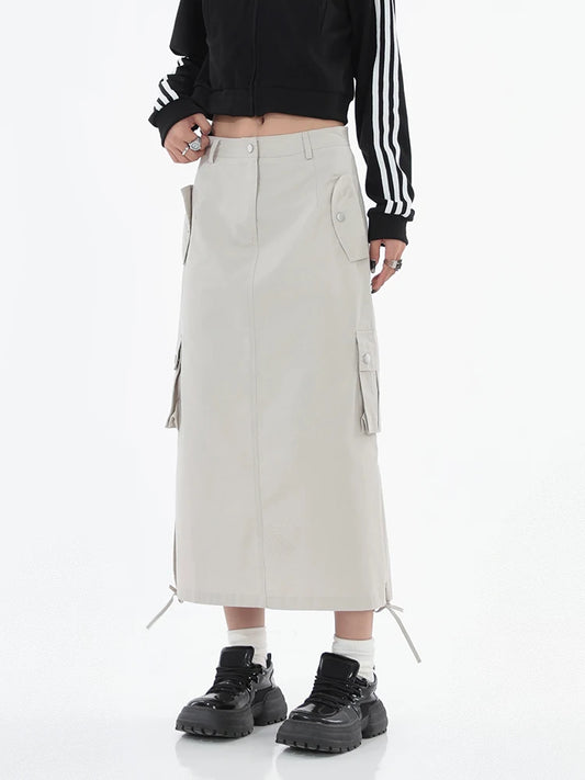 Y2K Streetwear Grey Pockets Midi Skirts Women Baggy Low Waisted Casual Long Cargo Skirts Grunge Ruched Drawstring Punk Skirts